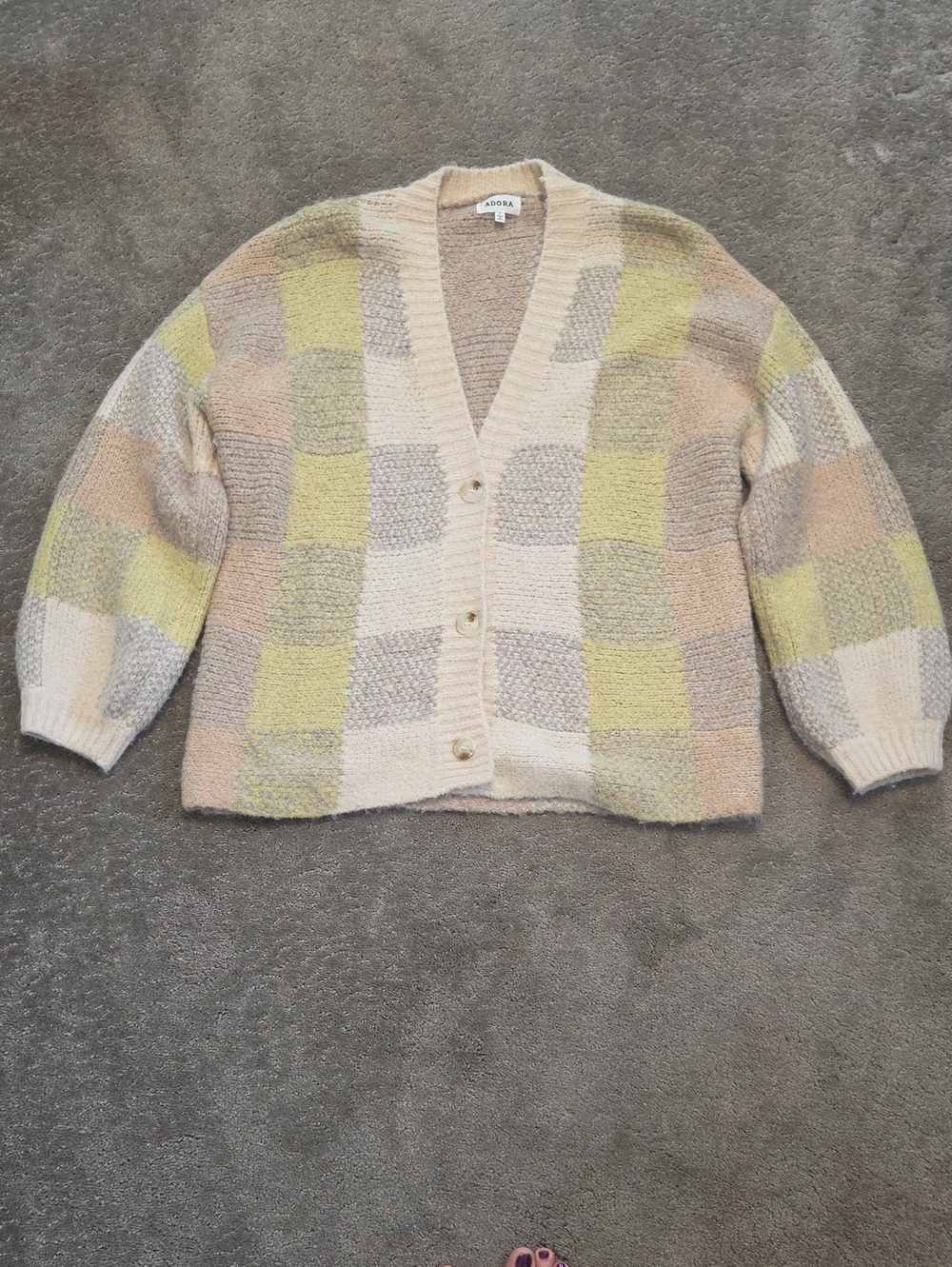 ADORA Pastel Checkered V-Neck Cardigan in Cream, Yellow & Peach